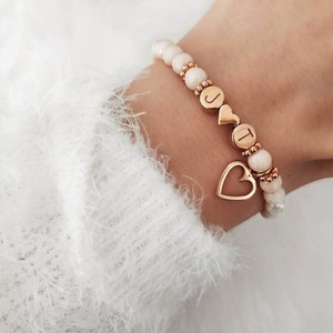 Heart bracelet letters initials rose gold desired initials natural stone beads cream initial bracelet color choice