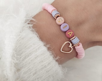 Personalisiertes Armband Heishi Perlen Vintage Rosa Wunschbuchstaben Initialen Bracelet Initialenarmband Farbwahl