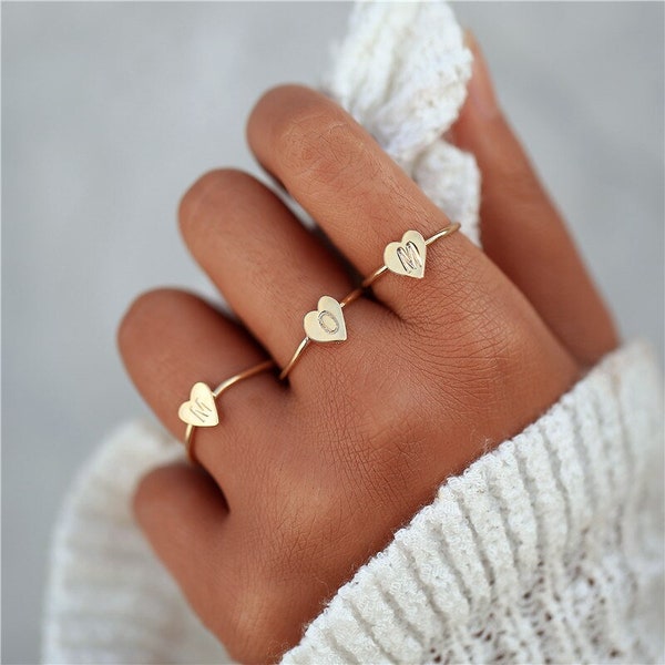 Initial Ring Heart Letter M Initials Personalized Gift Gold