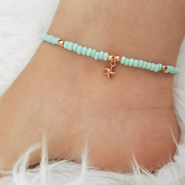 Bracelet de cheville rocailles avec une étoile de mer chaine or perles turquoise