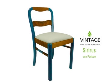 Wooden chair restored, petrol, upholstery light blue