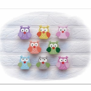 Op de afbeelding: Negen kleurrijke houten uilbeeldjes in verschillende kleuren, waaronder paars, geel, roze, oranje, groen en blauw. Elke uil heeft grote ogen en een kleine snavel, gerangschikt tegen een witte bakstenen muur achtergrond.