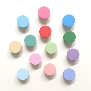 Può includere: Una collezione di dodici pomelli rotondi in legno colorato in varie tonalità pastello, tra cui rosa, blu, verde e giallo. I pomelli sono disposti su uno sfondo bianco, mettendo in risalto i loro colori vivaci e il design semplice. Perfetti per aggiungere un tocco di colore.