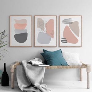Grey & Apricot Geometric Wall Art, Apricot Geometry Art, Abstract Poster, Set of Three Prints, Set 3 Prints, Minimalism, Light blush gray image 2