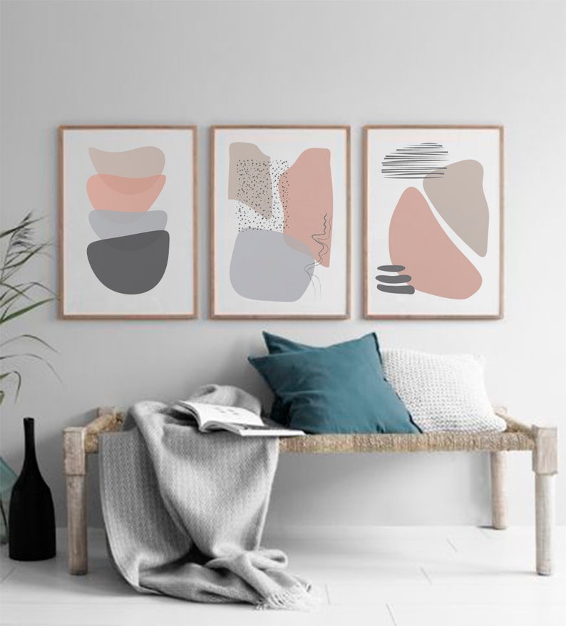 Grey & Apricot Geometric Wall Art, Apricot Geometry Art, Abstract Poster, Set of Three Prints, Set 3 Prints, Minimalism, Light blush gray image 2