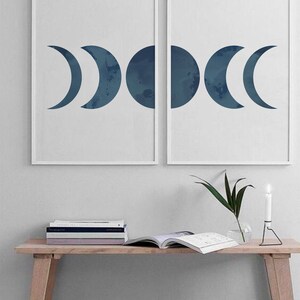 Moon Phases Print Set, Set of two prints, Blue Moon Watercolor Art, Moon Phase Printable Wall Art, Lunar Wall Poster, Blue Moon Prints image 2