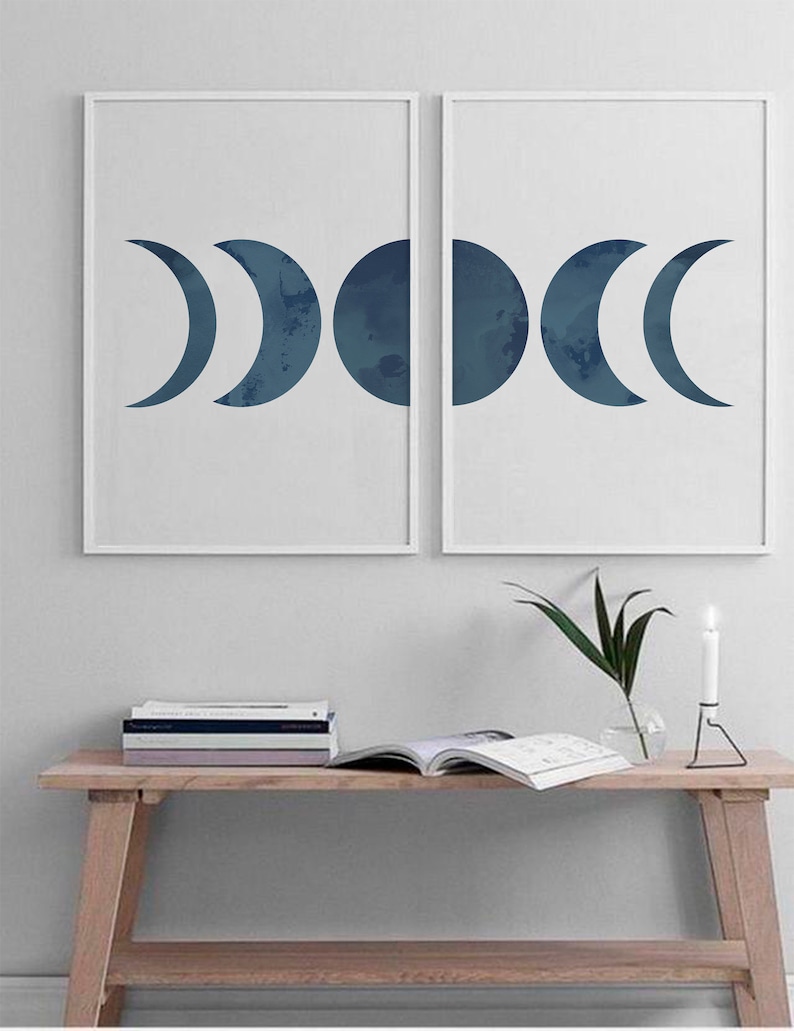 Moon Phases Print Set, Set of two prints, Blue Moon Watercolor Art, Moon Phase Printable Wall Art, Lunar Wall Poster, Blue Moon Prints image 2