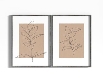 Modern botanical wall art prints home decor, Warm tone prints digital download, Abstract botanical prints set, Botanical prints set of 2