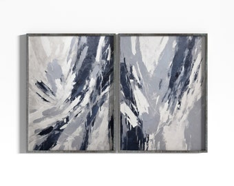 Blue Abstract Art Contemporary - Set of 2 Prints in Navy Blue - Modern Wall Art Digital Download