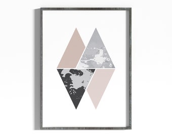 Black and Pink Triangles Wall Art Print, Biege Minimalism, Geometric print, Printable art, Minimalist , Triangle, Bedroom Art, Poster