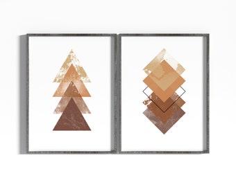 Geometric Printable Wall Art Digital Print, Gold and Brown Triangles Bedroom Poster, Set of 2 prints