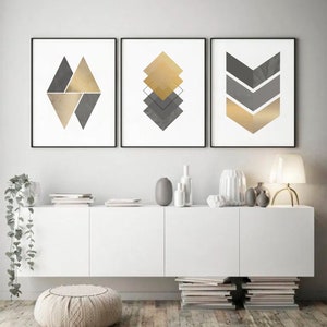 Gold &amp; Grey Geometric Art Print, Geometry Art, Minimalism, Abstract ...