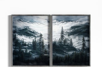 Modern mountain art set of 2 prints, Black and white printable art, Nature art print download, Nature art decor landscape