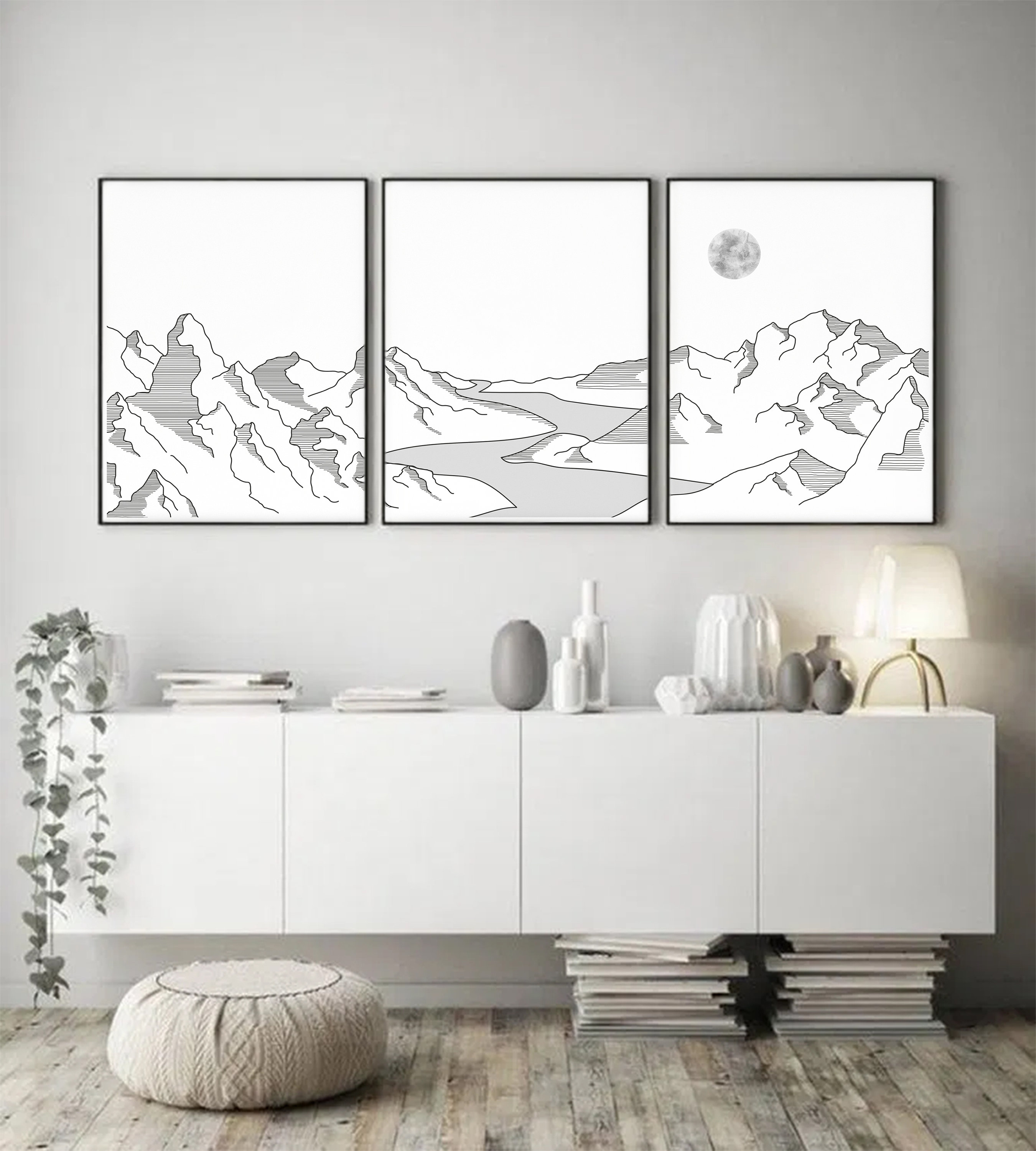 Mountain Line Art Wall Print Print Set of 3 Minimal Moon - Etsy