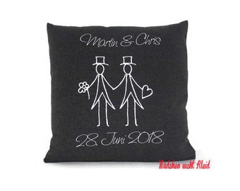 Almohada de boda para dos hombres; con nombre y fecha, almohada de boda para hombres homosexuales, almohada con cremallera y relleno