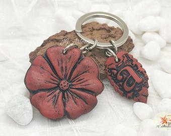 Sakura Keychain Effet Cuir avec initial