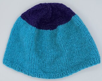 Angora rabbit ski hat,  hand-knit winter hat in turquoise and purple
