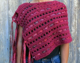 Crocheted Ribboned Poncho in Raspberrry