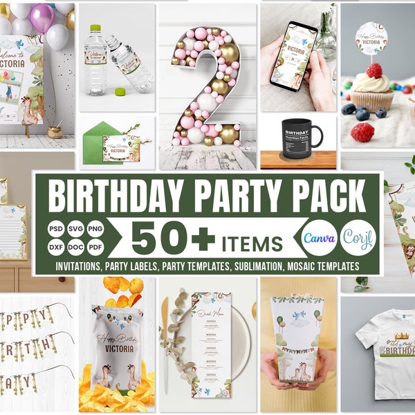 50+ Birthday Bundle, Editable Invitation Templates, Printable Birthday Cards, Party Labels and Sublimations, Party Favor Templates, Chip Bag