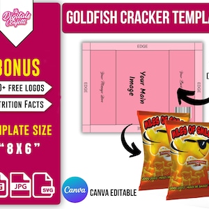 Szablon na krakersy Goldfish Szablon na paczkę chipsów Przysmaki na imprezę Szablony na upominki na imprezę Edytowalny szablon do wydruku Szablon na opakowanie czekolady