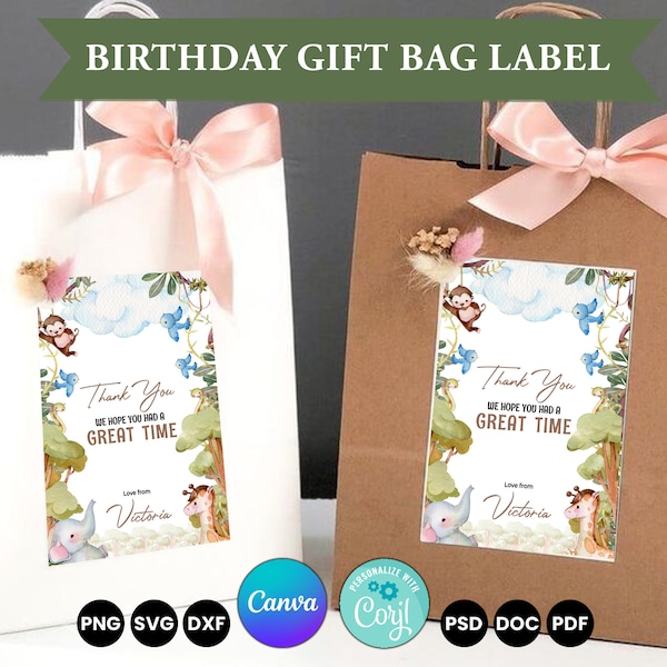 Safari Animals Bags Label, Safari first birthday gift, Jungle birthday decorations, Printable Templates, Canva Editable, Digital Download