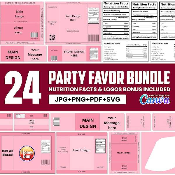 24 Party Favor Templates Bundle, Party Favors, Chip Bag Template, Water Bottle Labels, Shoe Box Template, Nutrition Facts, Canva Editable