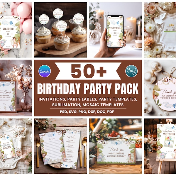 50+ Safari Wild One Birthday Bundle, Digital Party e-invite Template, Editable Birthday Invitations Bundle, Birthday Games, Party Labels