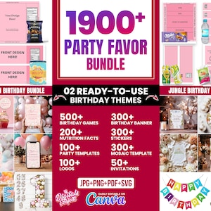 1900+ Party Favor Templates Bundle, Party Favors, Chip Bag Templates, Water Bottle Labels, Shoe Box Template, Nutrition Facts, Canva Editabl