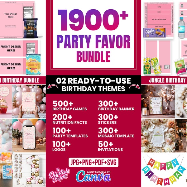 1900+ Party Favor Templates Bundle, Party Favors, Chip Bag Templates, Water Bottle Labels, Shoe Box Template, Nutrition Facts, Canva Editabl