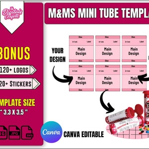 MM&#39;s Mini Tube MM Wrapper Paarty favor Template Chip bag template label template Chocolate wrapper template party template Editable template