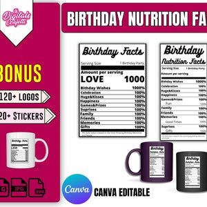 Birthday Nutrition Label Template Party favors Birthday Girl Facts Birthday Boy Facts Nutrition Facts CANVA editable Nutrition labels mug