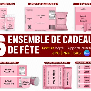 Pack de modèles de faveur de 6 parties Faveurs de fête Modèle de sac à puces Étiquettes de Capri Sun pringles SVG