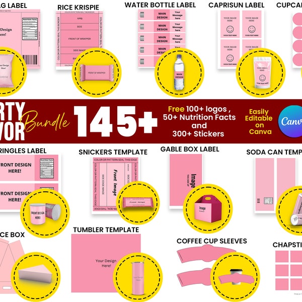 145+ Party Favor Templates, Template Bundle, Party Favors, Chip Bag Template, Chocolate Bar Wrapper Template, Ring lollypop template