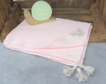 Babydeck, Kinderdecke Musselin, 73cm X 100 cm,Boho Quasten,pastell rosa Sommer