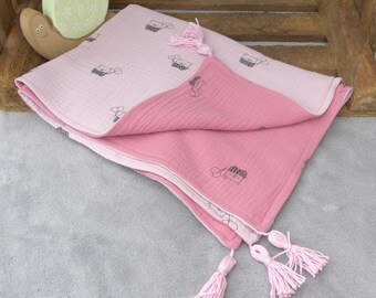 Babydecke Kinderdecke Musselin, 73cm X 100 cm Boho,Quasten pastell rosa Sommer zweifarbig