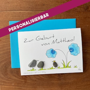 Kieselsteinbild Klappkarte "Zur Geburt von ..." personalisierbar!