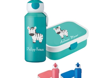 Rosti Mepal Campus Brotdose & Trinkflasche Pop up - Set "Zebra" mit Name personalisiert Geschenk für Kinder | Einschulung / zum Geburtstag