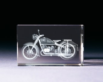 Schlüsselanhänger "BMW Motorrad" / Glasblock mit 3D Lasergravur | edle Geschenkideen / Präsente für Männer / Motorradfahrer Deko