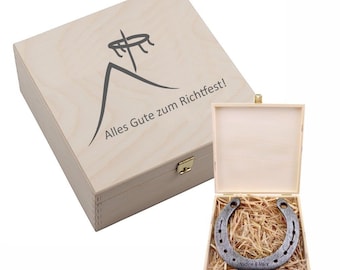 echt getragenes Hufeisen mit Gravur inkl. Holzbox "Alles Gute zum Richtfest" (Hausdach und Richtkranz) | Geschenkidee zum Einzug für Hausbau