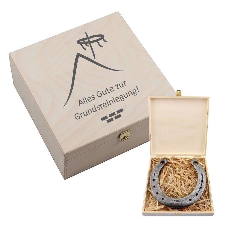 genuinely worn horseshoe with engraving incl. wooden box All the best for the laying of the foundation stone Gift idea for the topping-out ceremony indentation Relocation image 1