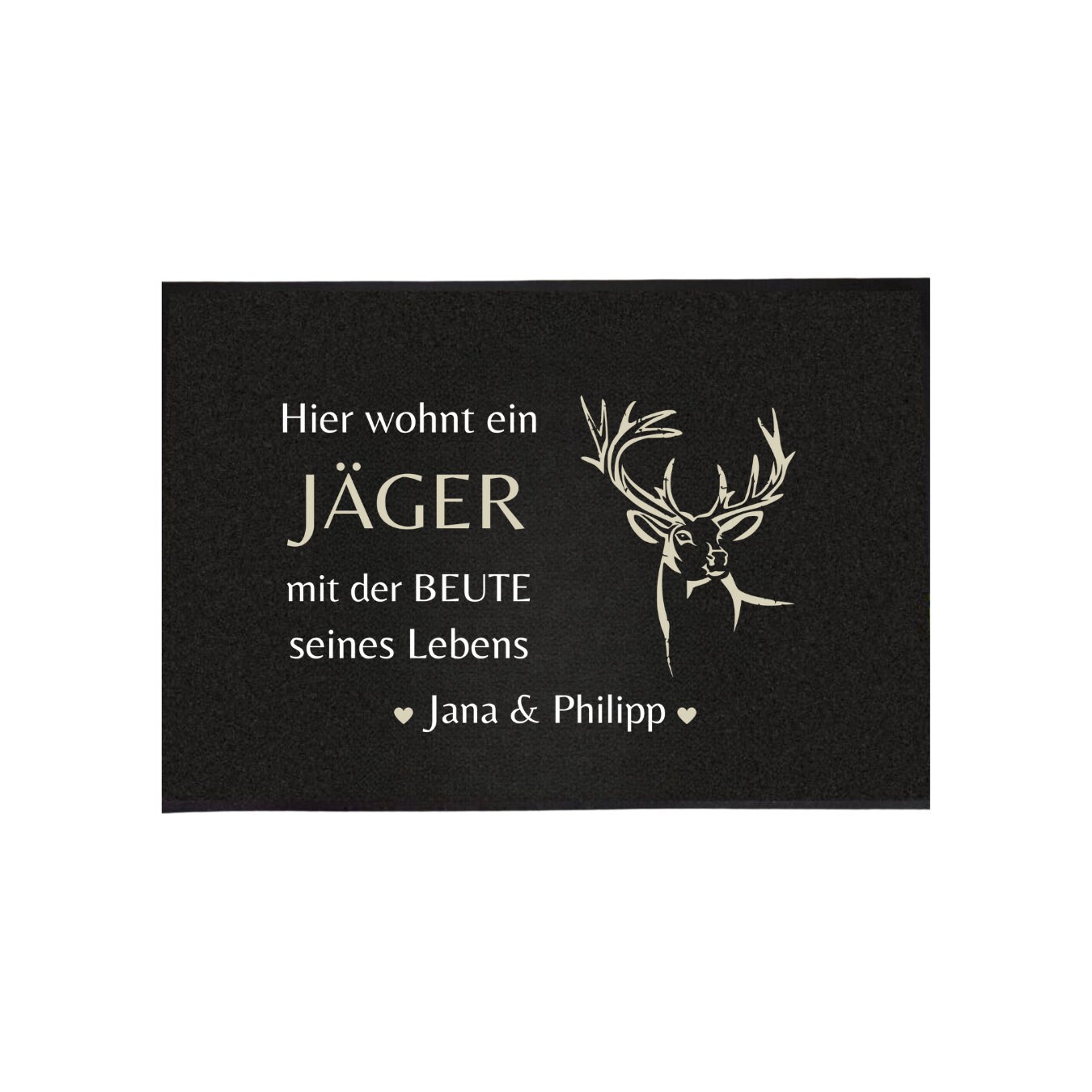 Personalisierte Fußmatte Hier wohnt ein Jäger mit der Beute seines