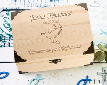 Schatztruhe Glückwunsch zur Konfirmation | Motiv Taube | Personalisiert mit Namen | Geschenk als Erinnerung | Geldgeschenk | Gravurgeschenke