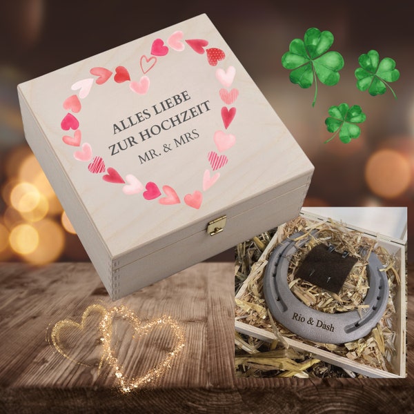 echt getragenes Hufeisen mit Gravur inkl. Holzbox "Alles Liebe zur Hochzeit - Mr & Mrs" | personalisierte  Geschenke | Hochzeit Trends 2024