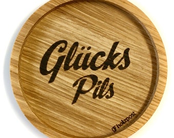 Set of 2 solid oak coasters "Glücks Pils"