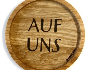 Set of 2 solid oak coasters "Auf Uns"