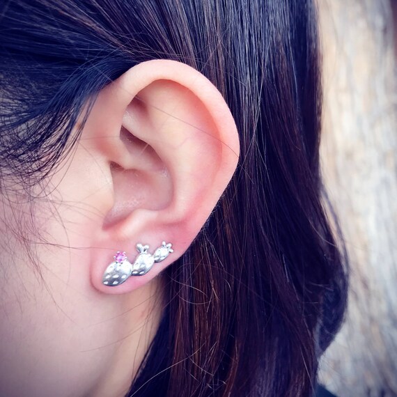 Prickly Pear Climber Earrings Sterling Silver with natural garnet fruit center cactus lover necklace