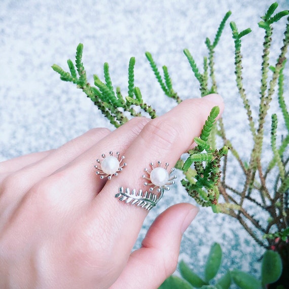 Mimosa Ring Sterling Silver organic flower seed sterling silver jewelry earth lover pearl green mimosa ring gold vermeil