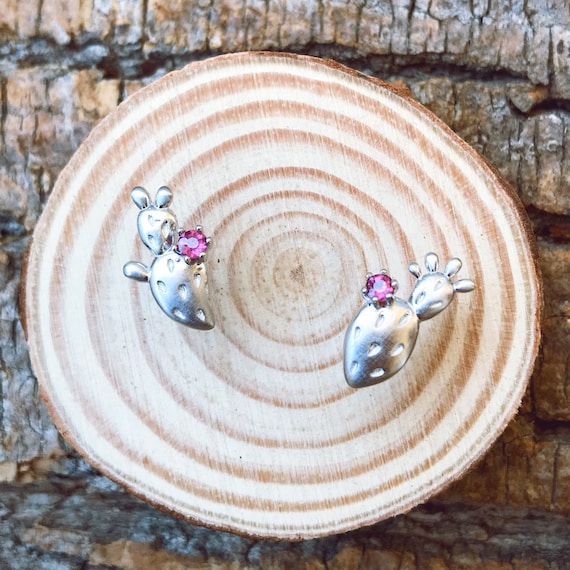 Prickly Pear Stud Earrings Sterling Silver with natural garnet fruit center cactus lover necklace