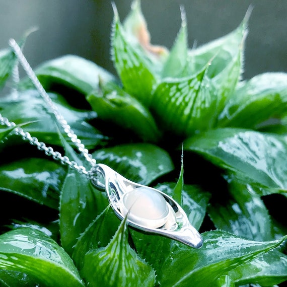 Dew Moonstone Pendant Sterling Silver organic flower leaves  jewelry earth lover pearl green water dew morning