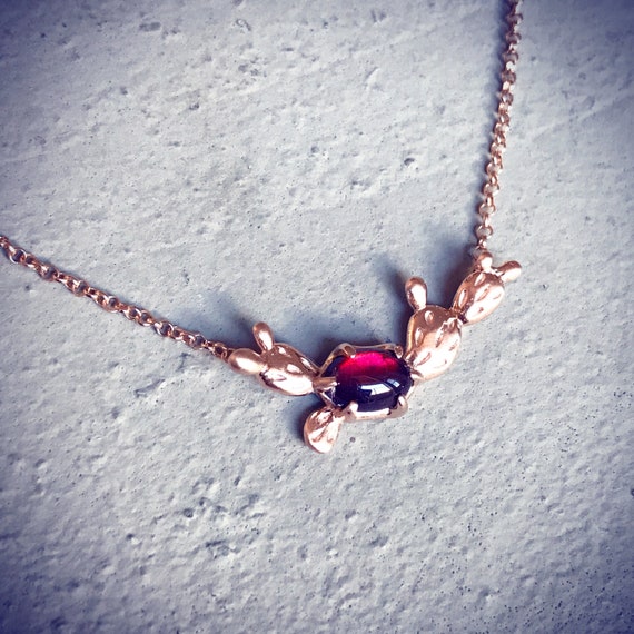 Prickly Pear Pendant (Rose Gold Vermeil) Sterling Silver with natural garnet fruit center cactus lover necklace